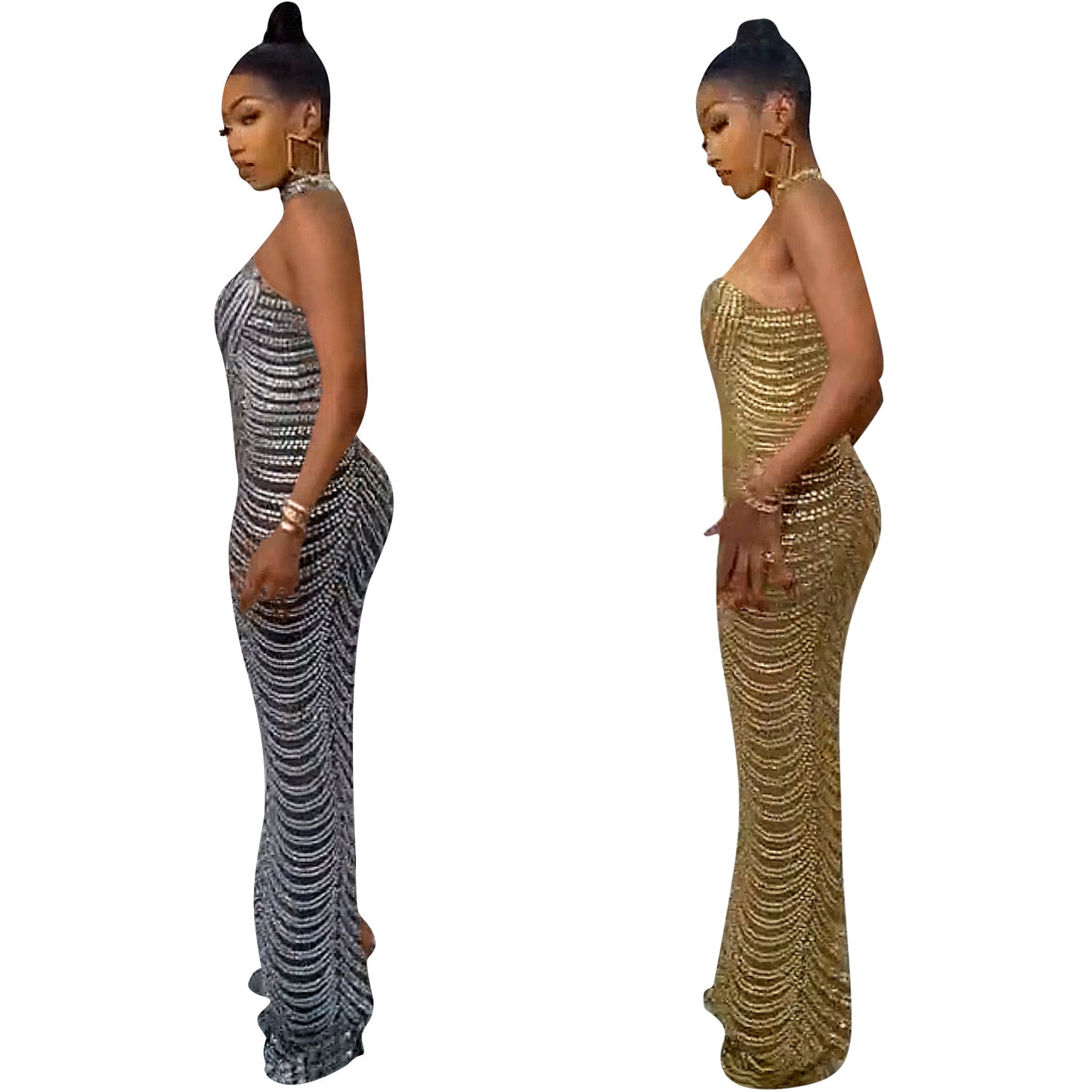 Fashionable Backless Nightclub Party Formal Dress Rhinestone See-through Dress For Women