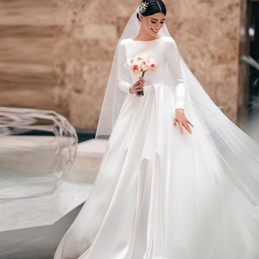 Royal Satin Long Sleeve A-Line Wedding Dress with Boat Neckline.