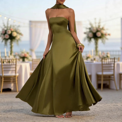 Strapless Satin Evening Gown with Matching Neck Scarf - Backless Maxi Dress