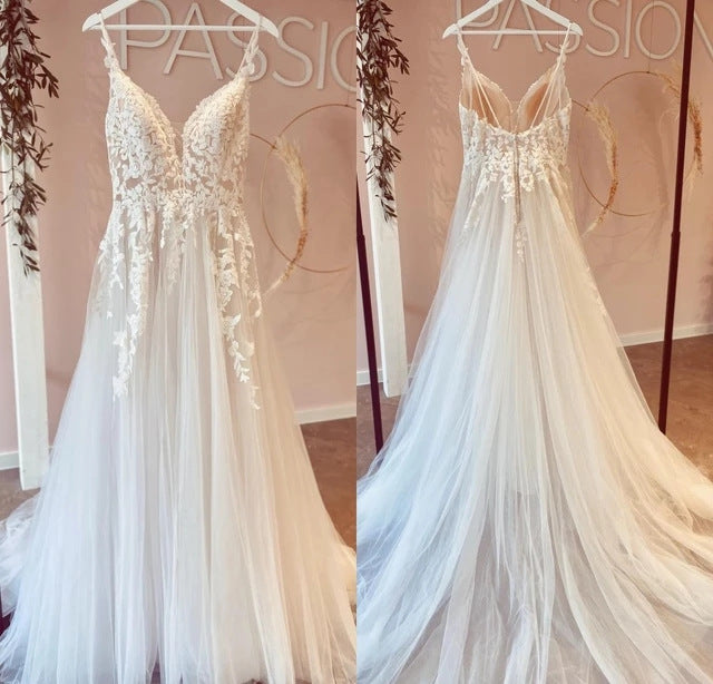 Classic V-Neck Satin A-Line Wedding Dress with Delicate Lace Straps.