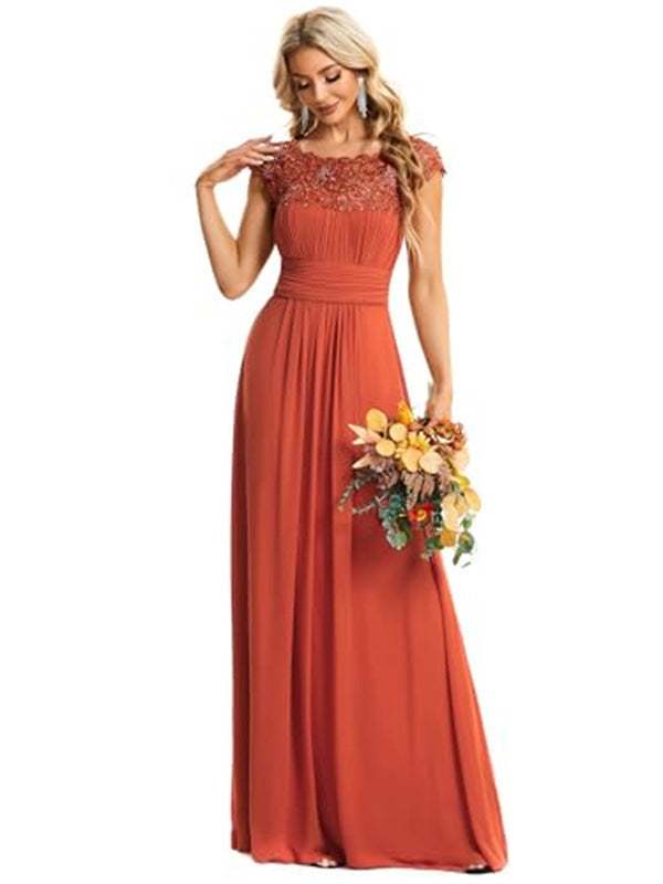 Women's Cover Sleeve Chiffon Pleated bridesmaid Lace Dress