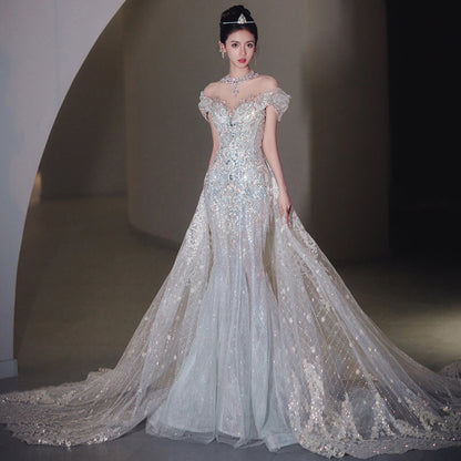 Luxury Glitz Mermaid Wedding Dress with Detachable Cape Train.