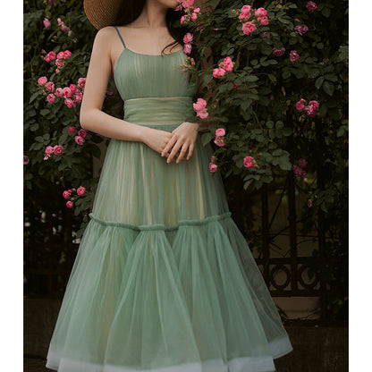 Women's Green Suspender Long Bridesmaid Dress