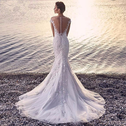 Mermaid White Trailing Perspective Backless Lace Wedding Dress
