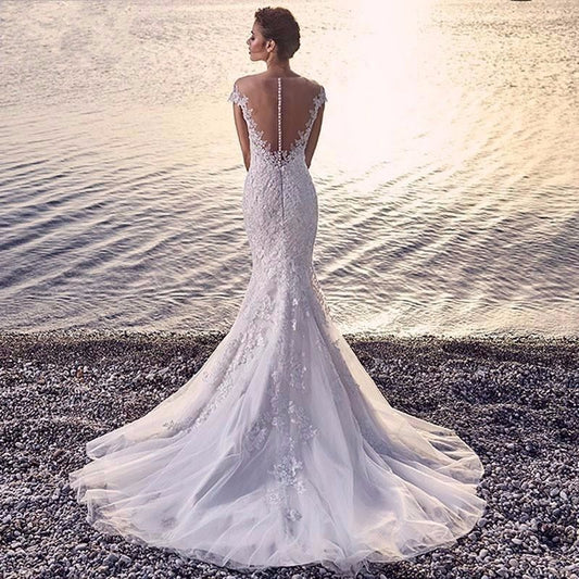 Mermaid White Trailing Perspective Backless Lace Wedding Dress