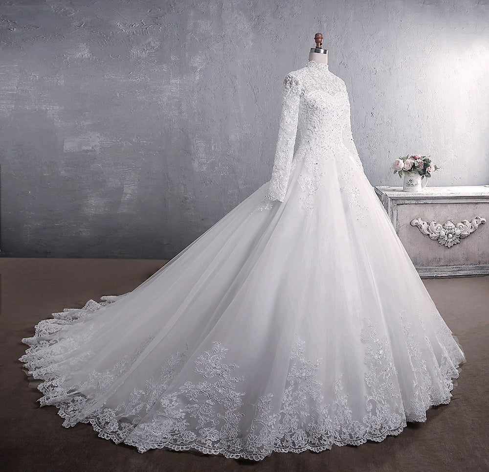 Luxury Lace Ball Gown Wedding Dress - High Neck Long Sleeve Bridal Gown.