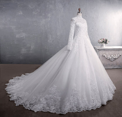 Luxury Lace Ball Gown Wedding Dress - High Neck Long Sleeve Bridal Gown.