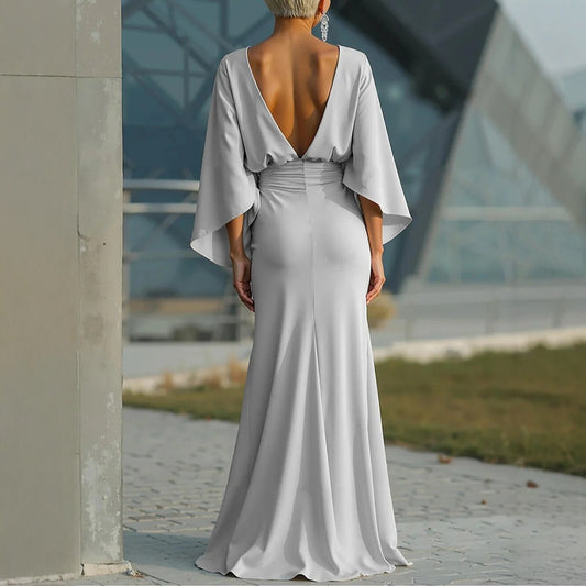 Satin Dolman Sleeve Maxi Dress with Ruched Waistband