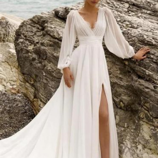 Boho Chiffon A-Line Wedding Dress with Long Bishop Sleeves & High Slit.
