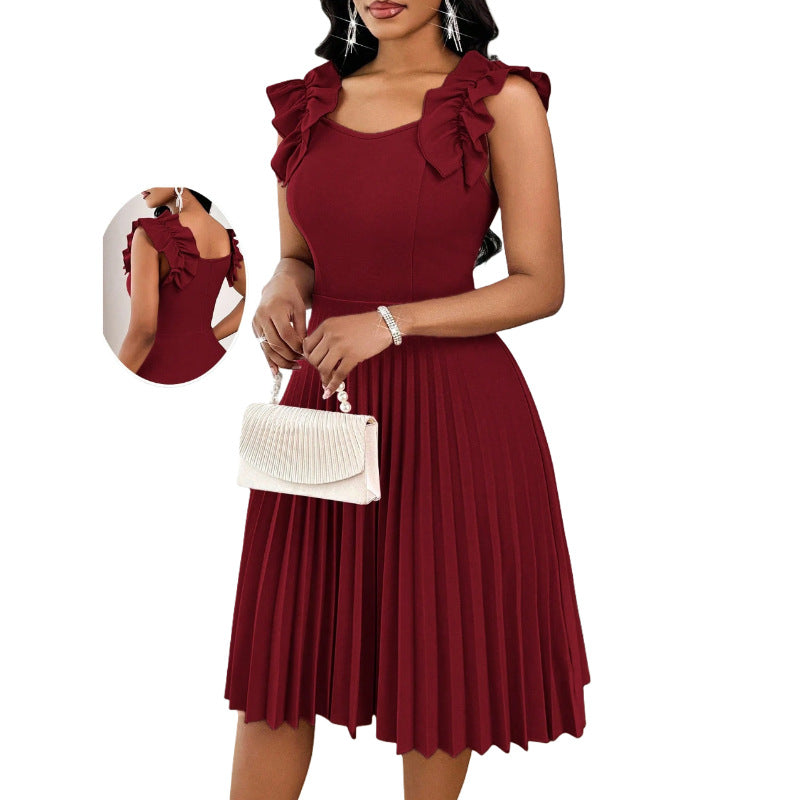 Womens Solid-Color Ruffle-Sleeve Square-Neck Pleated Dress