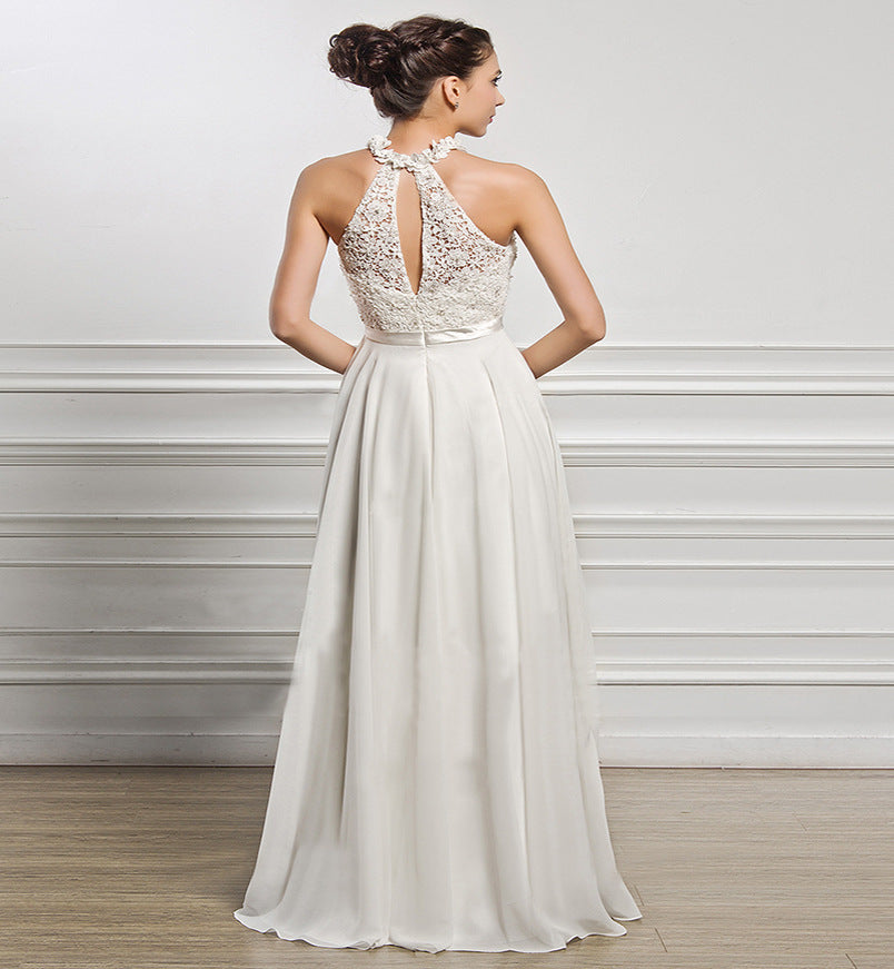 High-Neck Lace Bodice Maxi Dress - White A-Line Formal Evening Gown