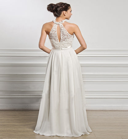 High-Neck Lace Bodice Maxi Dress - White A-Line Formal Evening Gown