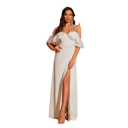 White Off-the-Shoulder Maxi Wedding Dress - Sweetheart Slit Bridal Gown