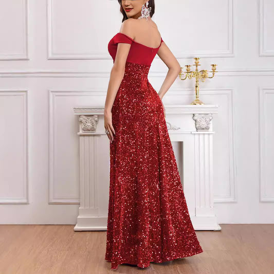 Sequin Column Maxi Dress - Off-The-Shoulder Sweetheart Prom Gown, Ruby Red or Blue