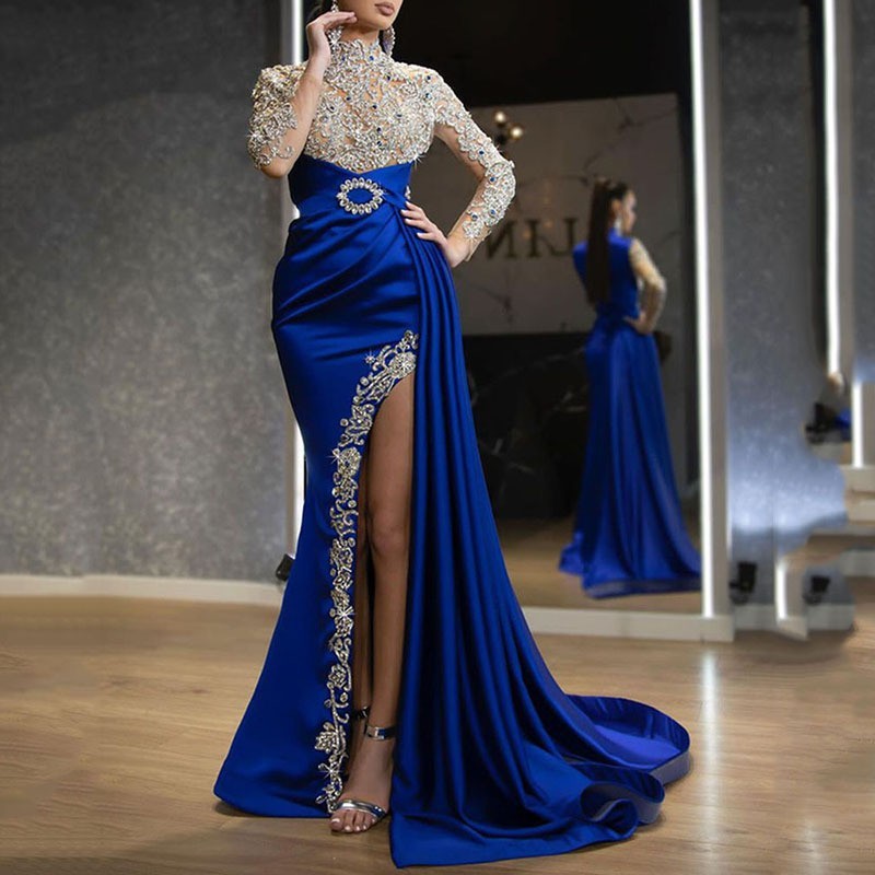 Unique and beautiful blue long dress with slit formal wear