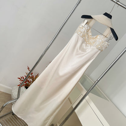 Champagne Satin Maxi Dress with Lace Trim - Elegant Strapless Evening Gown
