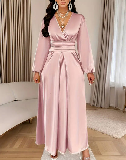 Satin V-neck Waist-cinched Maxi Dress With Puff Sleeves