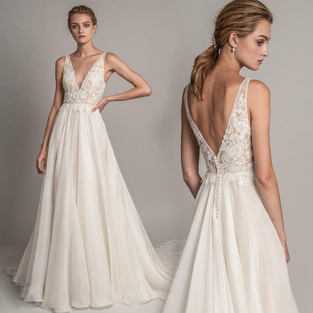 Women's Deep V Neck Lace Long Simple Lawn Wedding Dress