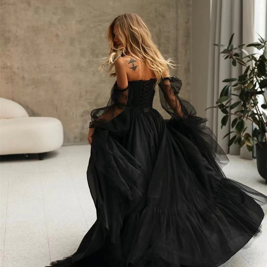 Women's Long Sleeve Transparent Lace Black Formal Dress
