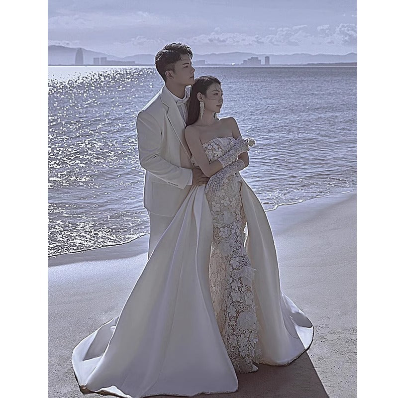 2-in-1 Luxury Strapless Lace Mermaid Wedding Dress with Detachable Satin Train.