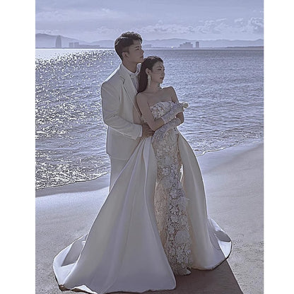 2-in-1 Luxury Strapless Lace Mermaid Wedding Dress with Detachable Satin Train.