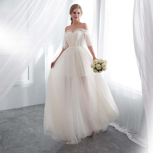 Off-The-Shoulder Mesh Wedding Dress - Layered A-Line Bridal Gown with Sleeves