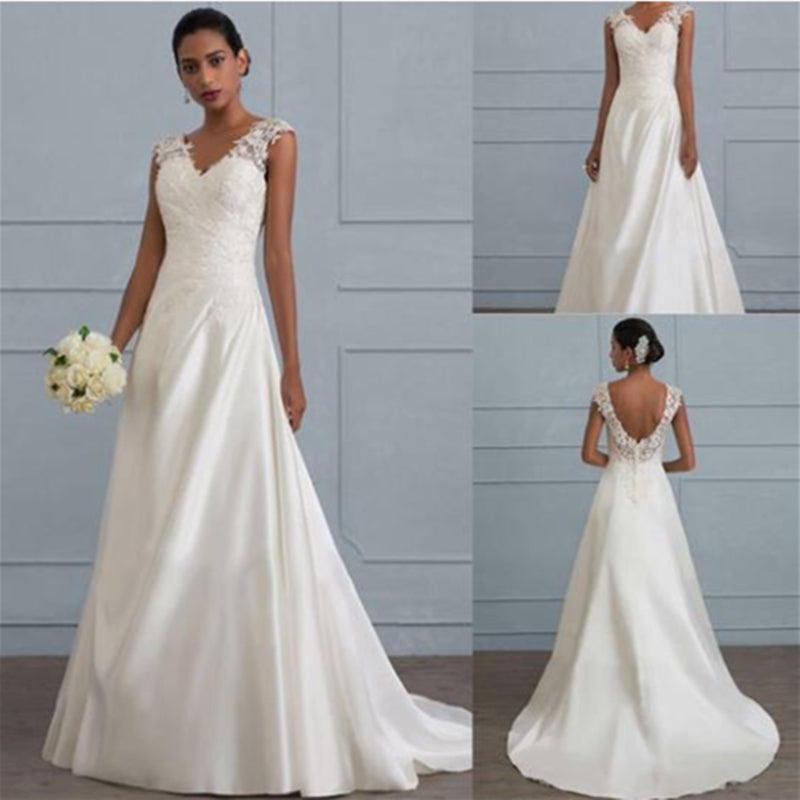 White Lace A-Line Wedding Dress - Low V-Neck Backless Bridal Gown