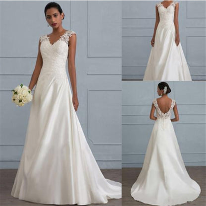 White Lace A-Line Wedding Dress - Low V-Neck Backless Bridal Gown