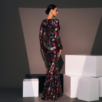 Evening Gown Long Sleeve Temperament Crew Neck Long Sequined Floral Banquet Dress