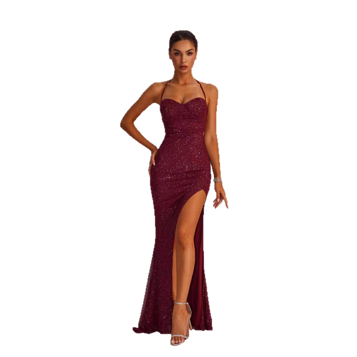Elegant Formal Solid Color Slim-fit Low-cut Backless Slit Maxi Dress