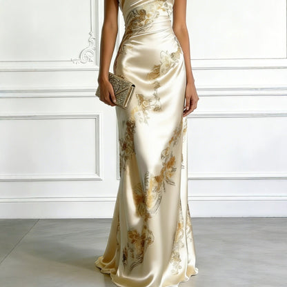 Golden Printed Off-Shoulder Slim-Fit Long Dress