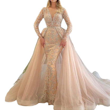 2-in-1 Luxury Beaded Mermaid Wedding Dress with Detachable Overskirt.