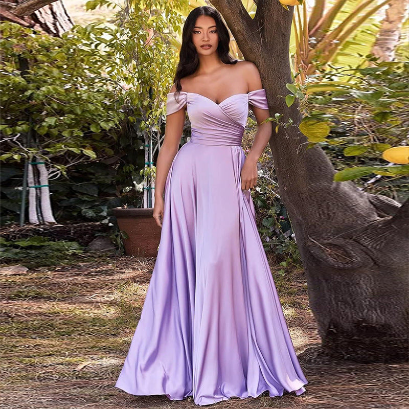 Off – The – Shoulder Satin Prom Dress – Ruched Sweetheart A – Line Gown luxury bridal gown by Bridal Boutique