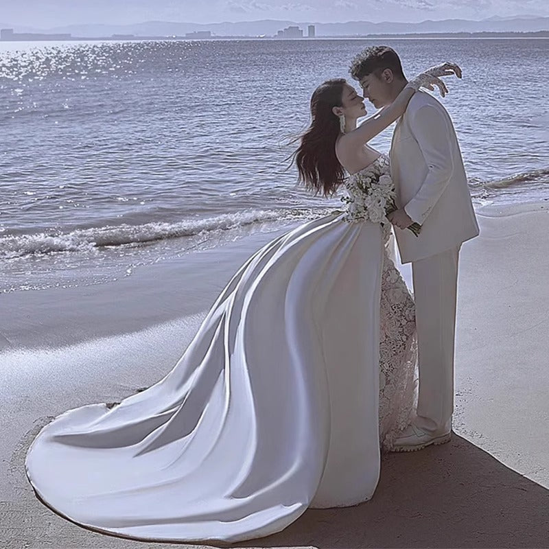 2-in-1 Luxury Strapless Lace Mermaid Wedding Dress with Detachable Satin Train.