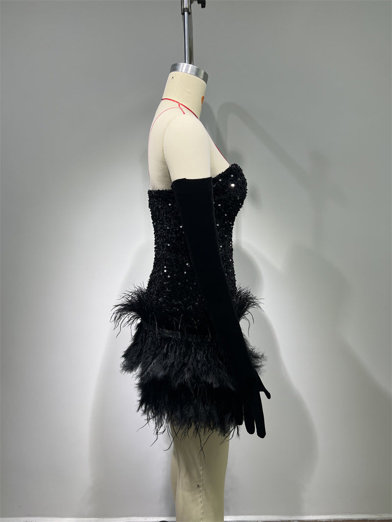 Fashionable Black Paillette Feathered Dress Tube Top Dress Hot Party Dress