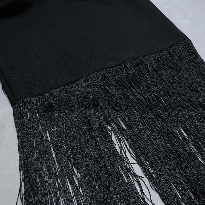 High-grade Black Sexy Bandage Tassel Dress