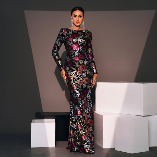 Evening Gown Long Sleeve Temperament Crew Neck Long Sequined Floral Banquet Dress