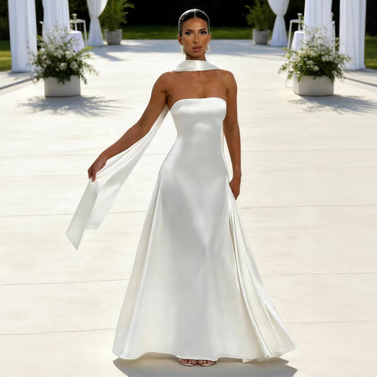 Strapless Satin Evening Gown with Matching Neck Scarf - Backless Maxi Dress