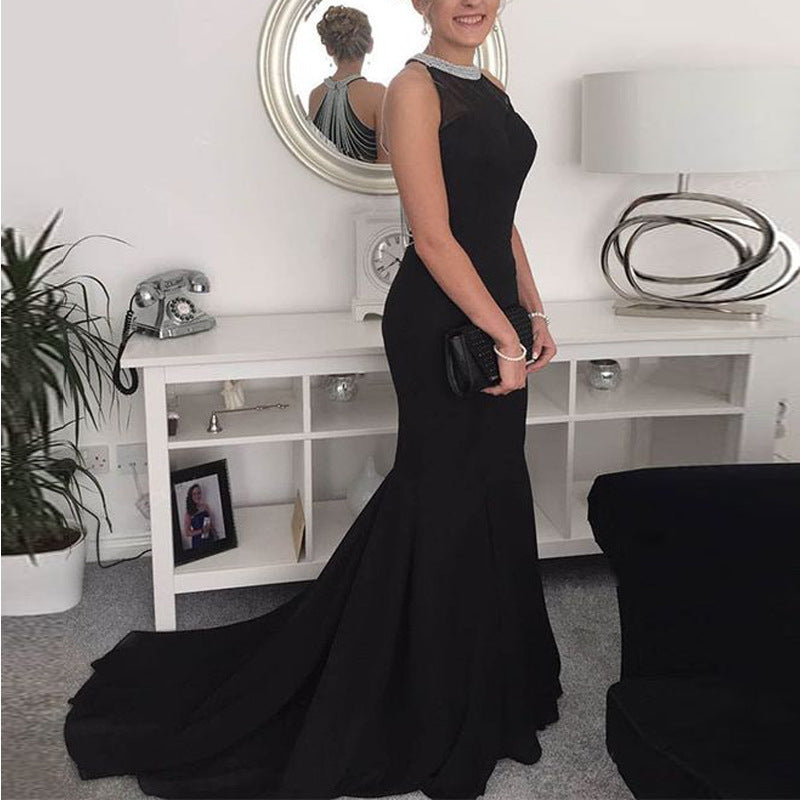 Ladies Round Neck Sleeveless Beaded Long Dress