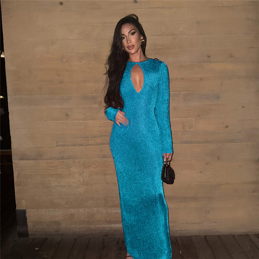 Spring Chic Commuter Gold-Stamped Sexy Hollowed-Out High-Waist Bodycon Sheath Long Dress For Women