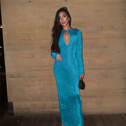 Spring Chic Commuter Gold-Stamped Sexy Hollowed-Out High-Waist Bodycon Sheath Long Dress For Women