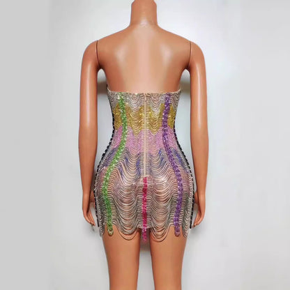 Colorful Drill Chain Dress Performance Costume Party Evening Dress