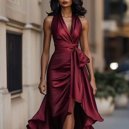 Elegant Deep V-neck Irregular Women's Ruffled Evening Dress Gowns Solid Color Lace-up High Waist Satin Party Dresses Wedding Guests Dress