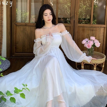 Off-The-Shoulder Chiffon Wedding Dress - Long Puff Sleeve Fairy Bridal Gown