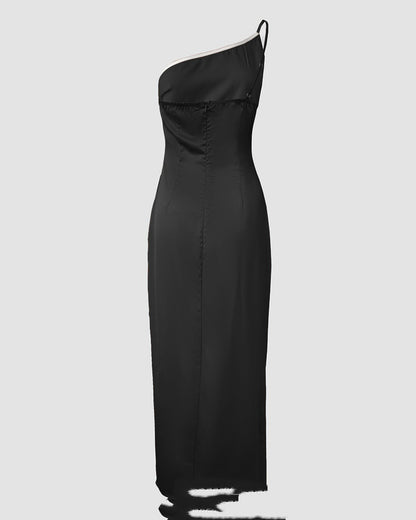 Solid-color One-shoulder Pleated Slit Dress