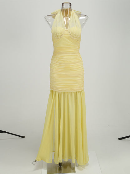 Pure Color Halter Mesh Stitching Dress Slit Dress