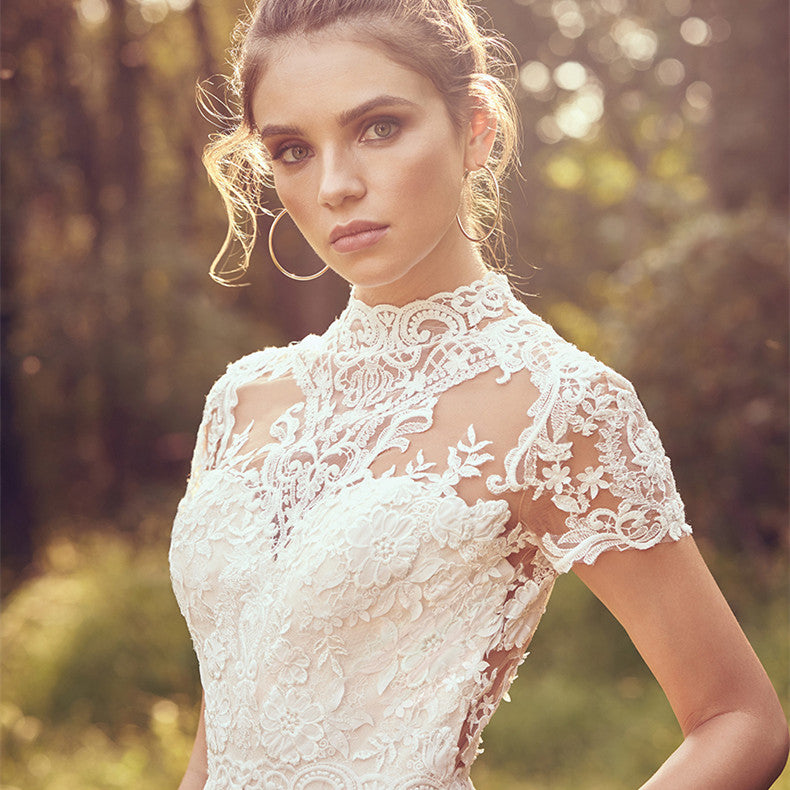 High Neck Lace Bridal Jumpsuit - Wide Leg Illusion Wedding Pantsuit.