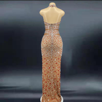 Glitter Rhinestone Formal Crystal Backless Elegant Statement Dress