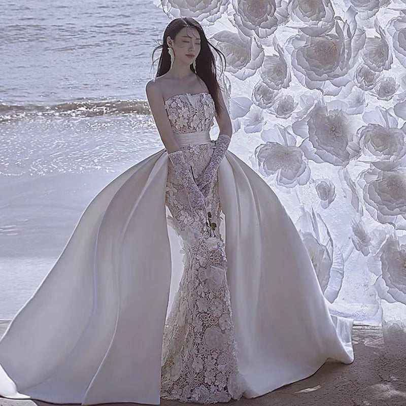 2-in-1 Luxury Strapless Lace Mermaid Wedding Dress with Detachable Satin Train.