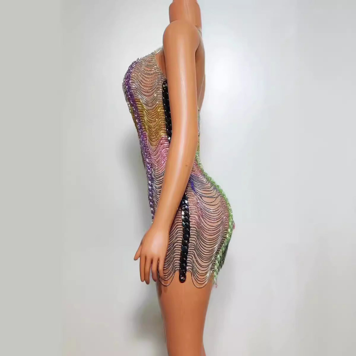 Colorful Drill Chain Dress Performance Costume Party Evening Dress